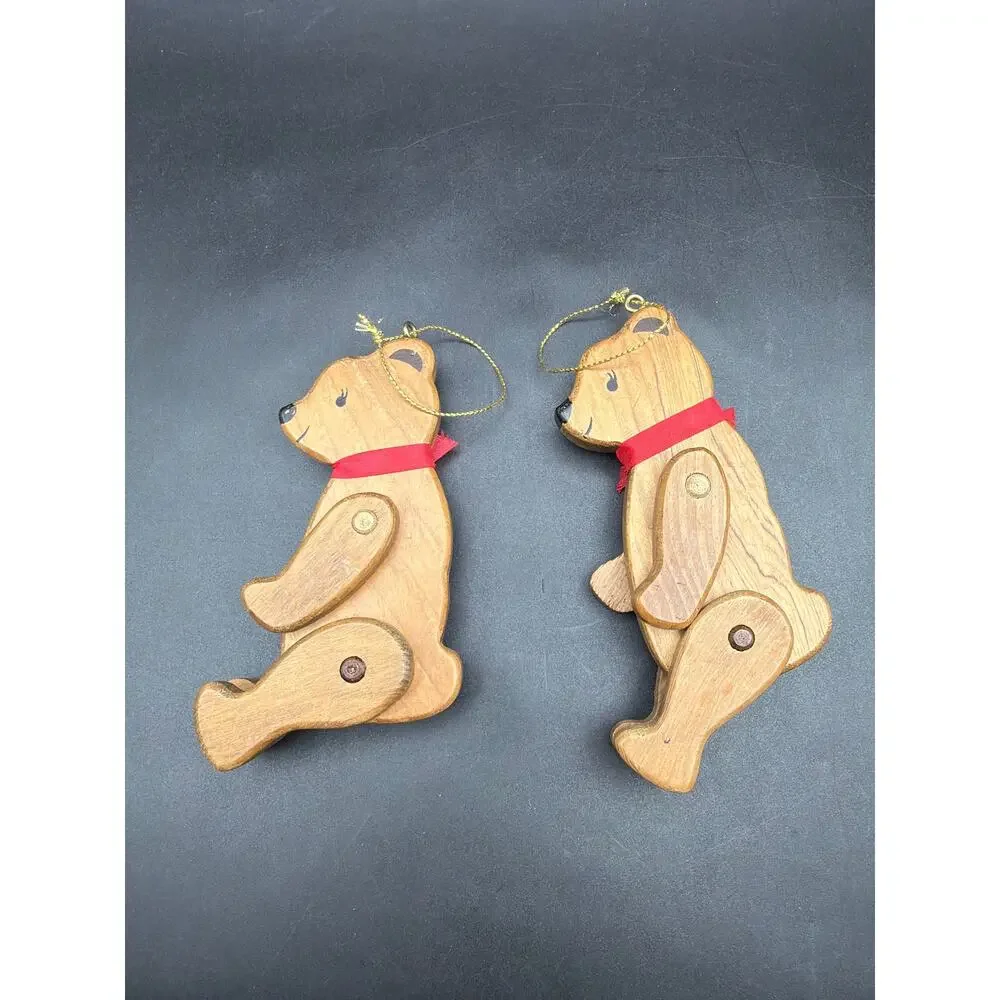 Vintage 1980s Jointed Wooden Teddy Bear Ornaments Set 2 Taiwan 5.5” Poseable